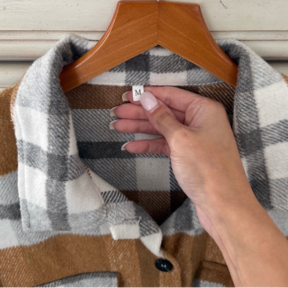 Vici Plaid Shacket in Brown, White & Gray - Picture 3 of 4